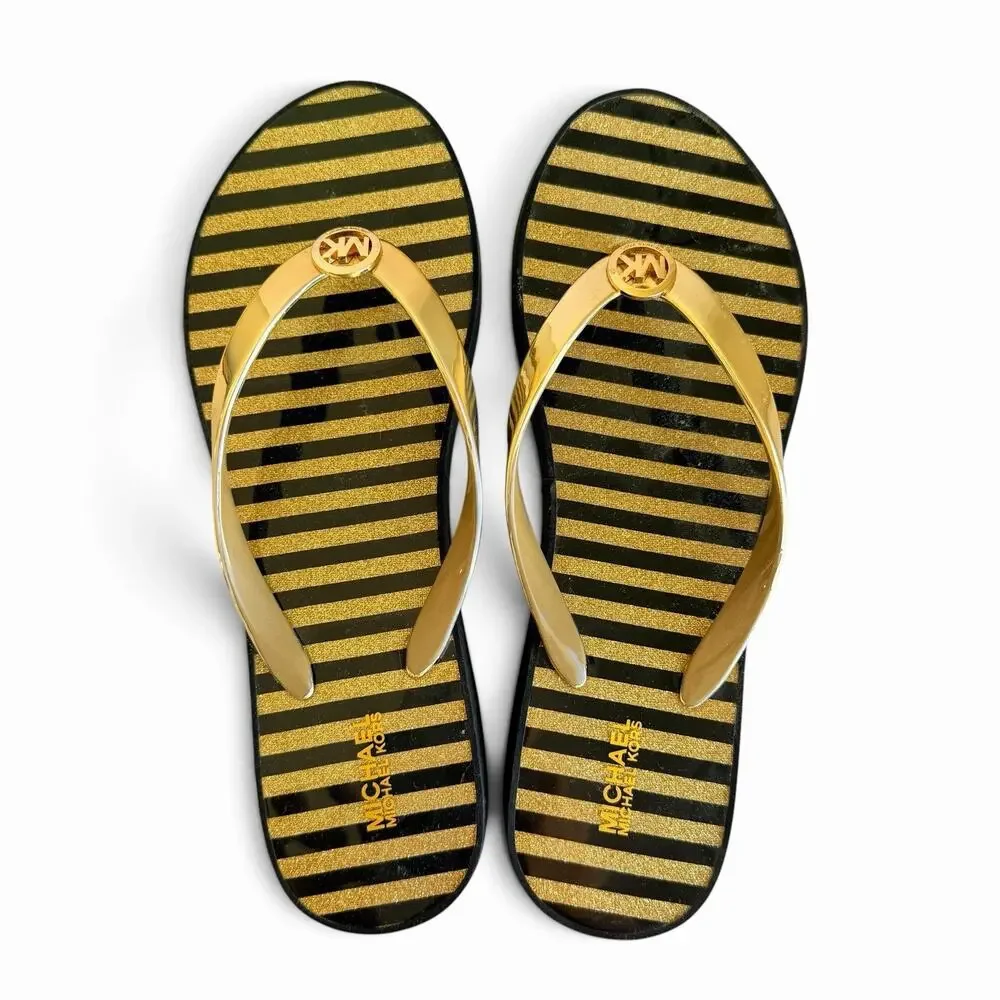 Michael Kors MK Platform Flip Flops Black Gold Striped Sandals Womens Sz 8